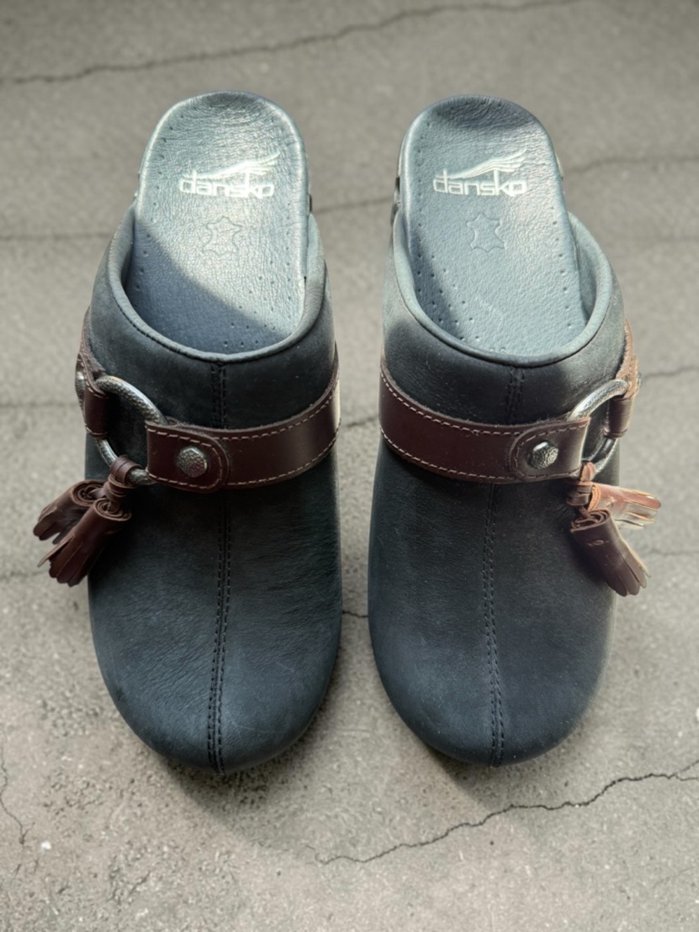 Dansko Black and Brown Slip-Ons shandi black leather tassel clogs size 36